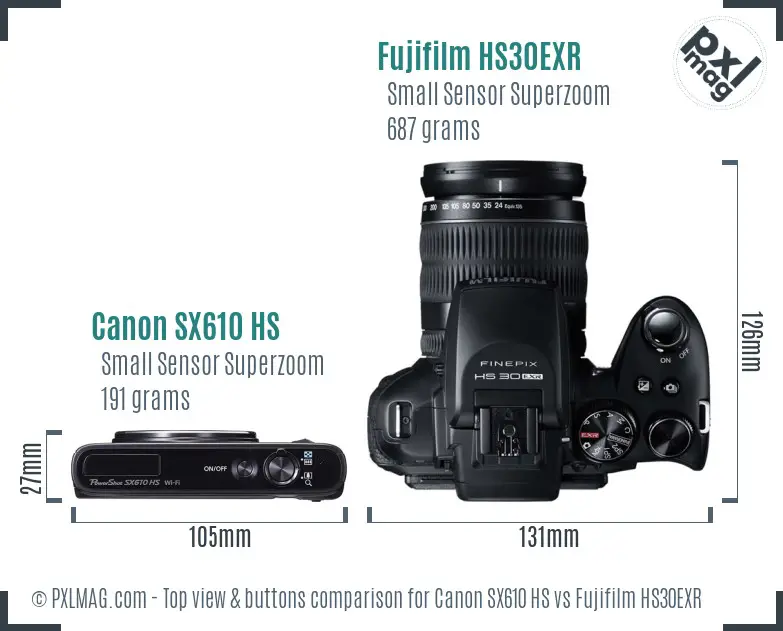 Canon SX610 HS vs Fujifilm HS30EXR top view buttons comparison Canon SX610 HS vs Fujifilm HS30EXR top view buttons comparison