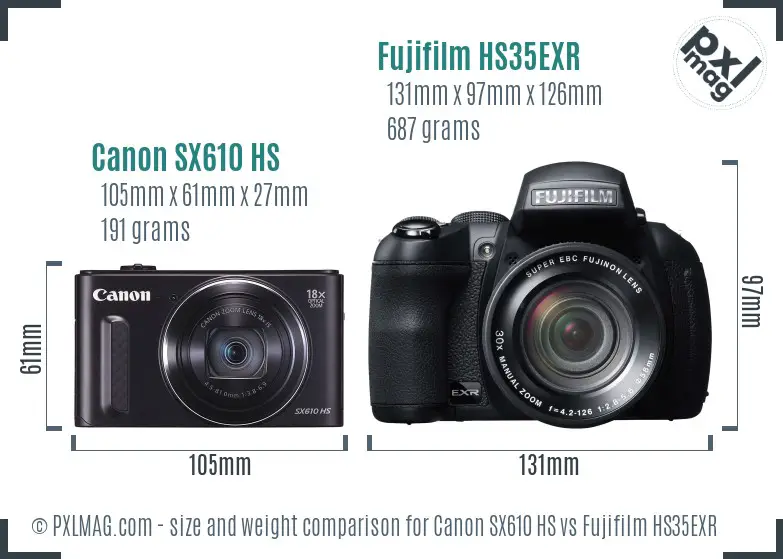 Canon SX610 HS vs Fujifilm HS35EXR size comparison