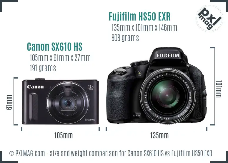 Canon SX610 HS vs Fujifilm HS50 EXR size comparison