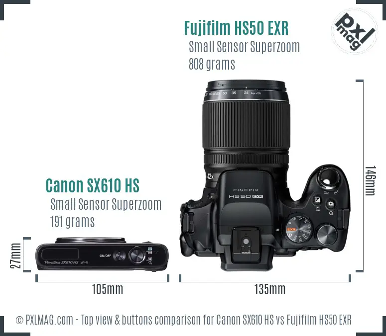 Canon SX610 HS vs Fujifilm HS50 EXR top view buttons comparison