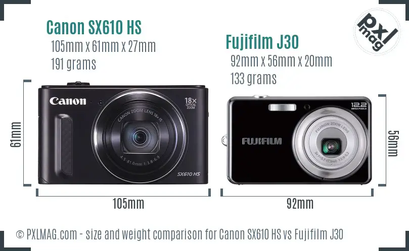 Canon SX610 HS vs Fujifilm J30 size comparison