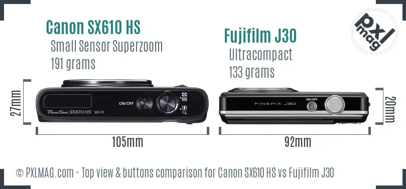 Canon SX610 HS vs Fujifilm J30 top view buttons comparison