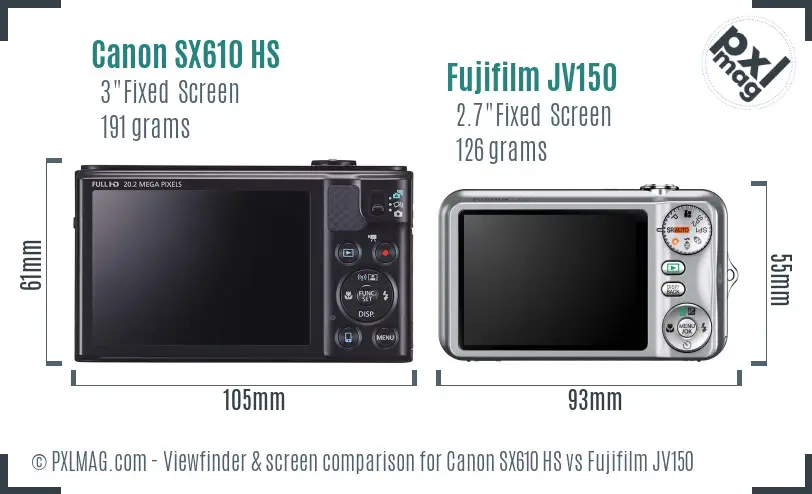 Canon SX610 HS vs Fujifilm JV150 Screen and Viewfinder comparison