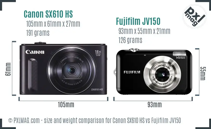 Canon SX610 HS vs Fujifilm JV150 size comparison