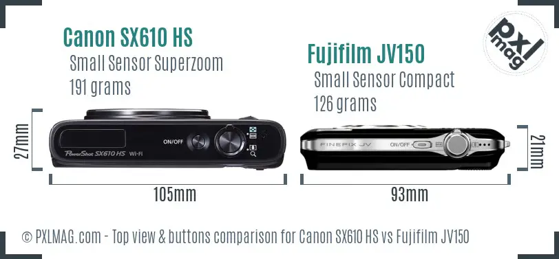Canon SX610 HS vs Fujifilm JV150 top view buttons comparison