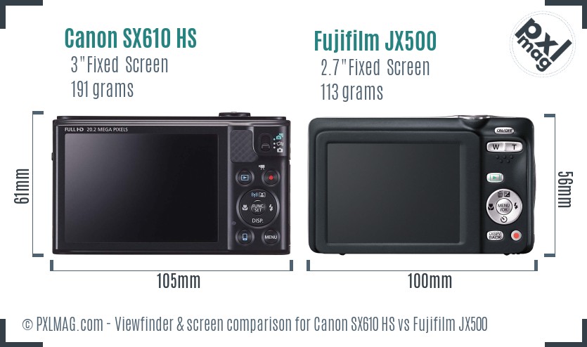 Canon SX610 HS vs Fujifilm JX500 Screen and Viewfinder comparison