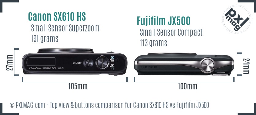 Canon SX610 HS vs Fujifilm JX500 top view buttons comparison