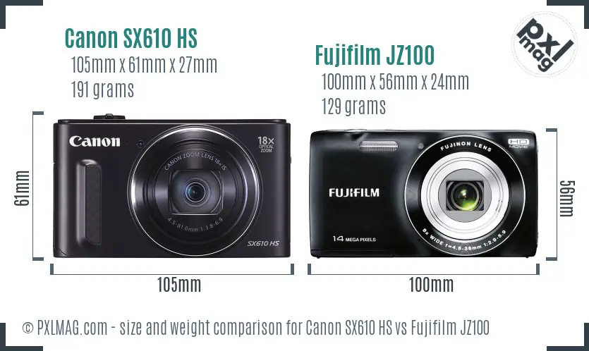 Canon SX610 HS vs Fujifilm JZ100 size comparison