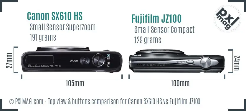 Canon SX610 HS vs Fujifilm JZ100 top view buttons comparison