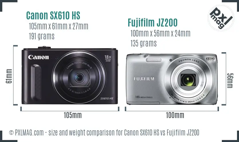 Canon SX610 HS vs Fujifilm JZ200 size comparison Canon SX610 HS vs Fujifilm JZ200 size comparison
