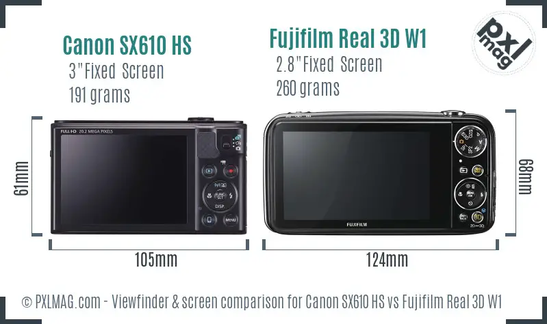 Canon SX610 HS vs Fujifilm Real 3D W1 Screen and Viewfinder comparison