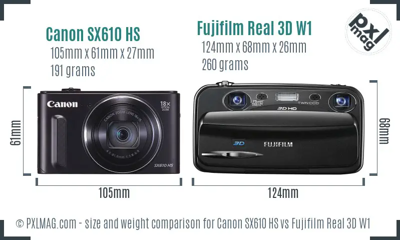 Canon SX610 HS vs Fujifilm Real 3D W1 size comparison