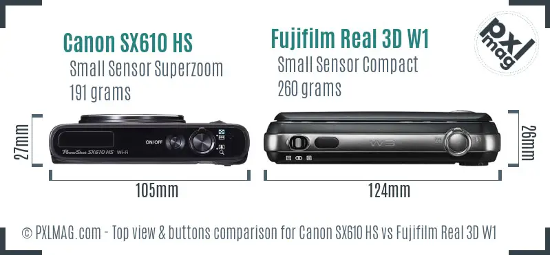 Canon SX610 HS vs Fujifilm Real 3D W1 top view buttons comparison