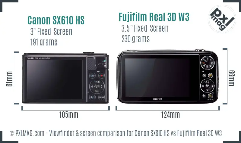 Canon SX610 HS vs Fujifilm Real 3D W3 Screen and Viewfinder comparison
