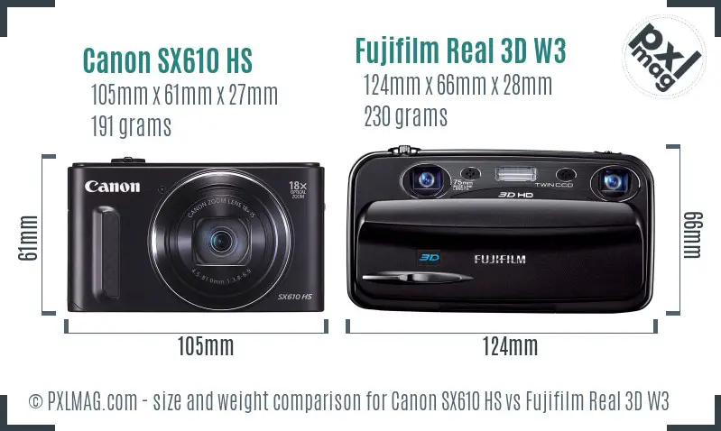 Canon SX610 HS vs Fujifilm Real 3D W3 size comparison