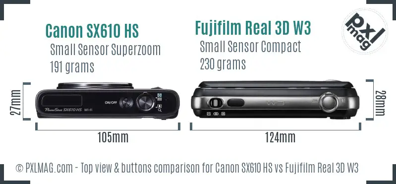 Canon SX610 HS vs Fujifilm Real 3D W3 top view buttons comparison