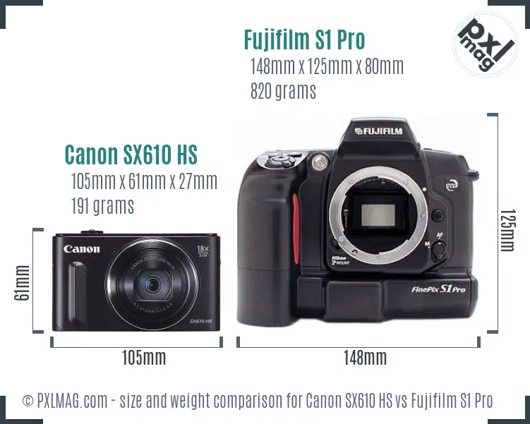 Canon SX610 HS vs Fujifilm S1 Pro size comparison Canon SX610 HS vs Fujifilm S1 Pro size comparison