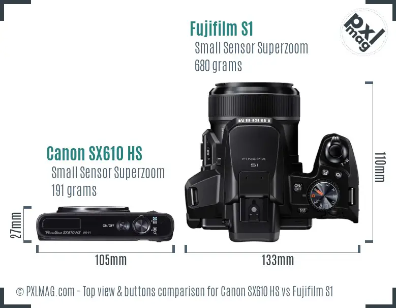 Canon SX610 HS vs Fujifilm S1 top view buttons comparison
