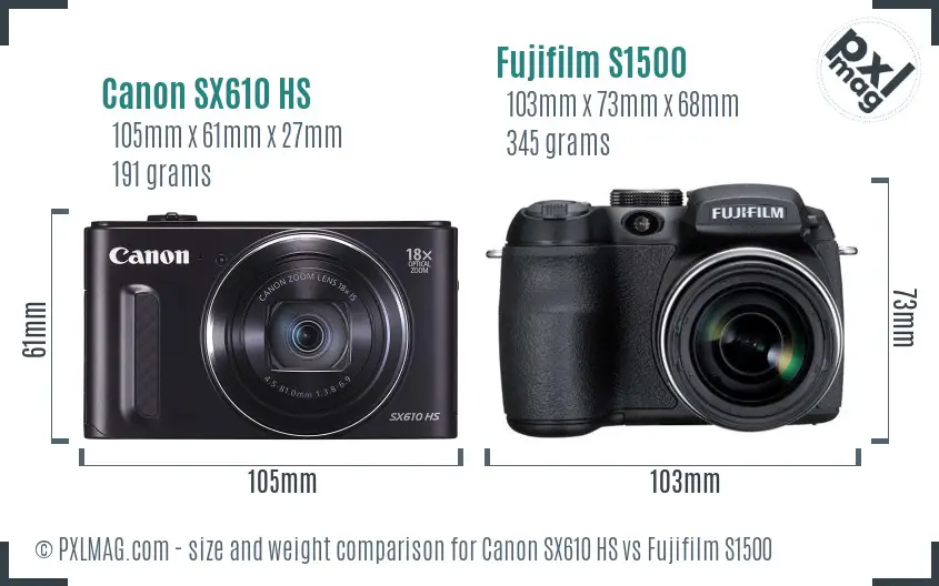 Canon SX610 HS vs Fujifilm S1500 size comparison