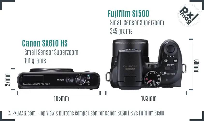 Canon SX610 HS vs Fujifilm S1500 top view buttons comparison