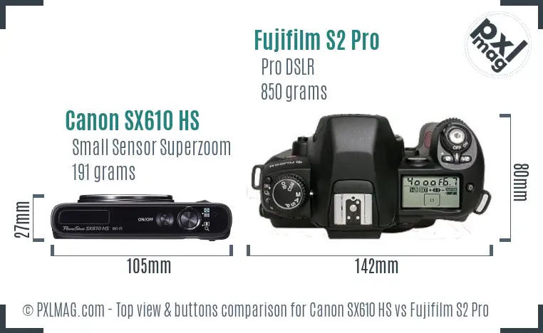 Canon SX610 HS vs Fujifilm S2 Pro top view buttons comparison