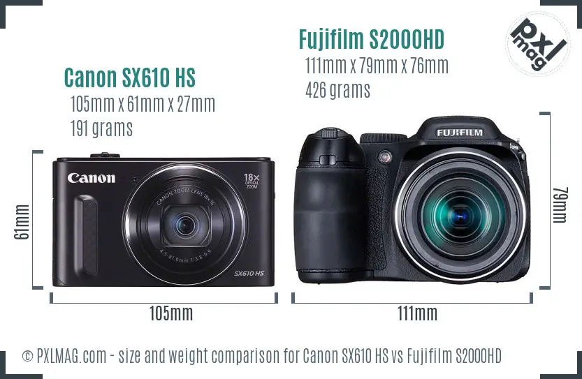 Canon SX610 HS vs Fujifilm S2000HD size comparison