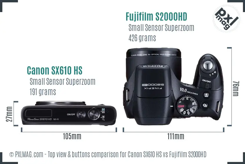 Canon SX610 HS vs Fujifilm S2000HD top view buttons comparison