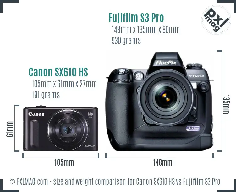 Canon SX610 HS vs Fujifilm S3 Pro size comparison