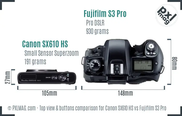 Canon SX610 HS vs Fujifilm S3 Pro top view buttons comparison