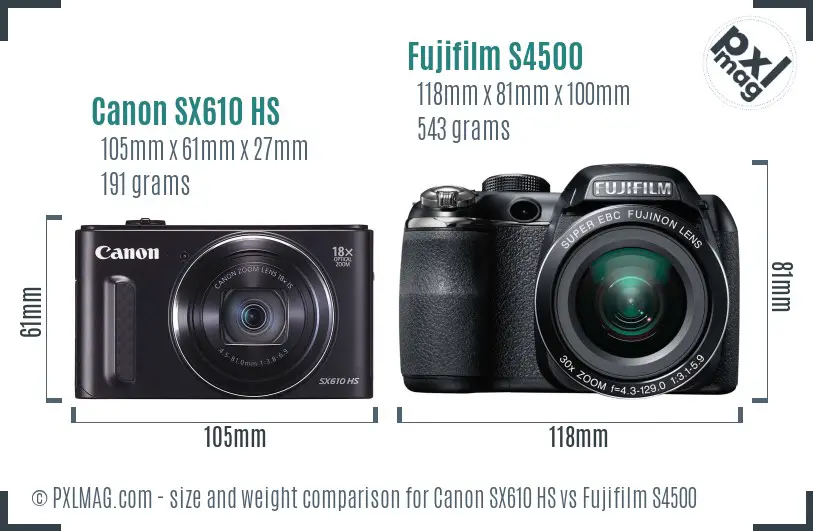 Canon SX610 HS vs Fujifilm S4500 size comparison Canon SX610 HS vs Fujifilm S4500 size comparison