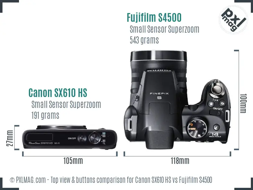 Canon SX610 HS vs Fujifilm S4500 top view buttons comparison Canon SX610 HS vs Fujifilm S4500 top view buttons comparison