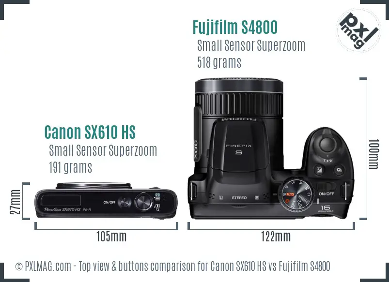 Canon SX610 HS vs Fujifilm S4800 top view buttons comparison Canon SX610 HS vs Fujifilm S4800 top view buttons comparison