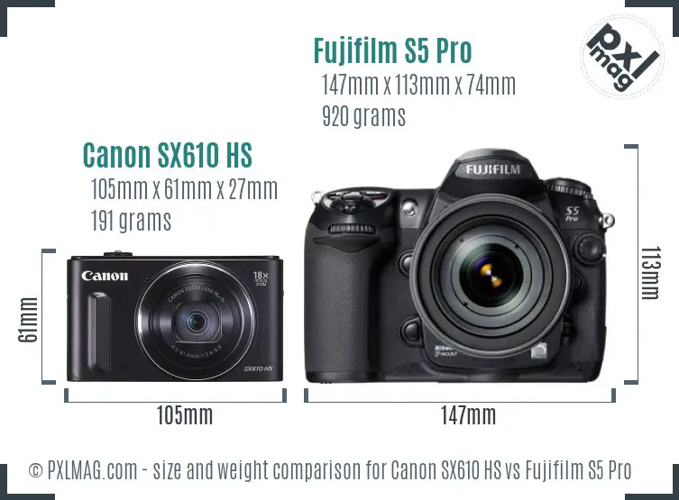 Canon SX610 HS vs Fujifilm S5 Pro size comparison