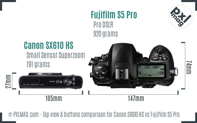 Canon SX610 HS vs Fujifilm S5 Pro top view buttons comparison