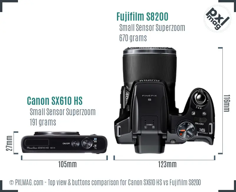 Canon SX610 HS vs Fujifilm S8200 top view buttons comparison