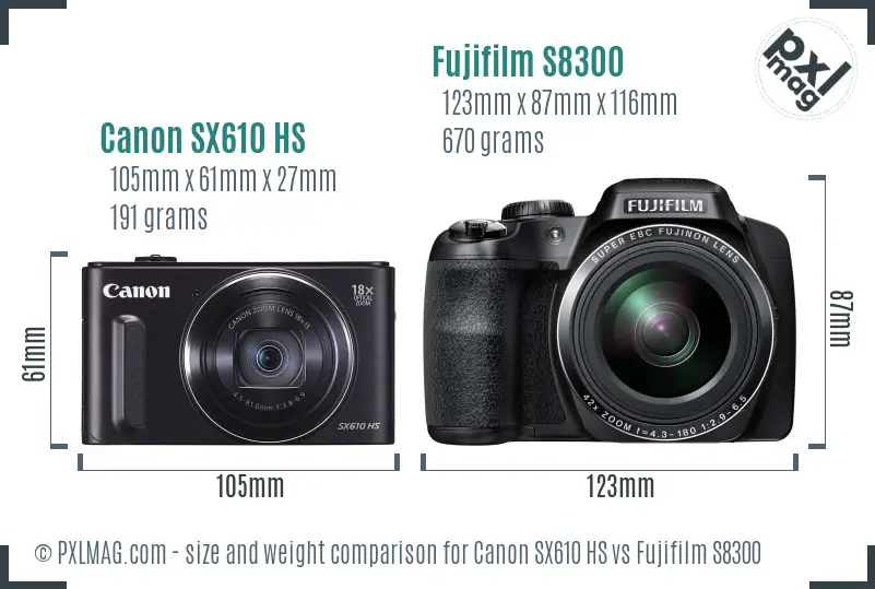 Canon SX610 HS vs Fujifilm S8300 size comparison