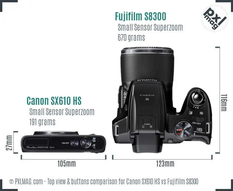 Canon SX610 HS vs Fujifilm S8300 top view buttons comparison