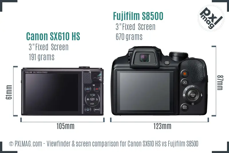 Canon SX610 HS vs Fujifilm S8500 Screen and Viewfinder comparison