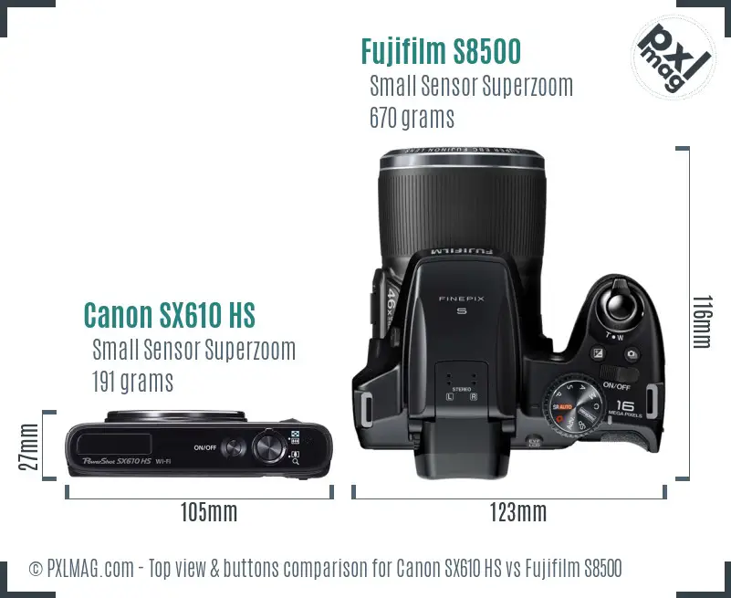 Canon SX610 HS vs Fujifilm S8500 top view buttons comparison