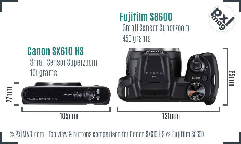 Canon SX610 HS vs Fujifilm S8600 top view buttons comparison