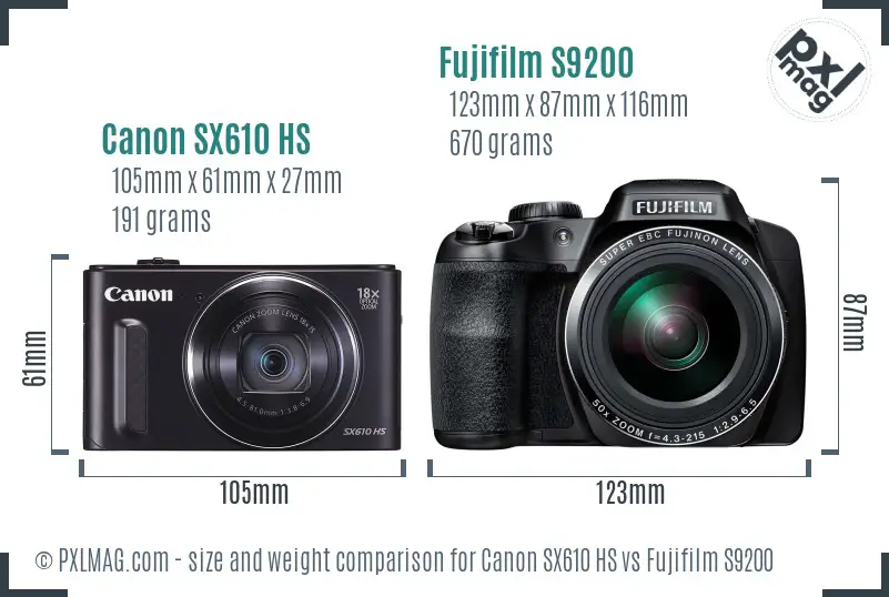 Canon SX610 HS vs Fujifilm S9200 size comparison