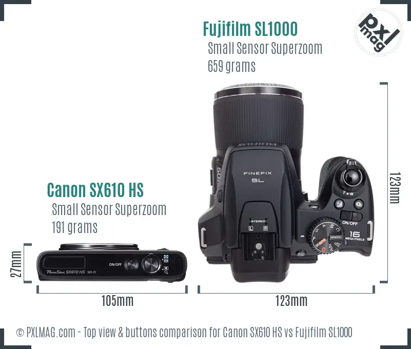 Canon SX610 HS vs Fujifilm SL1000 top view buttons comparison