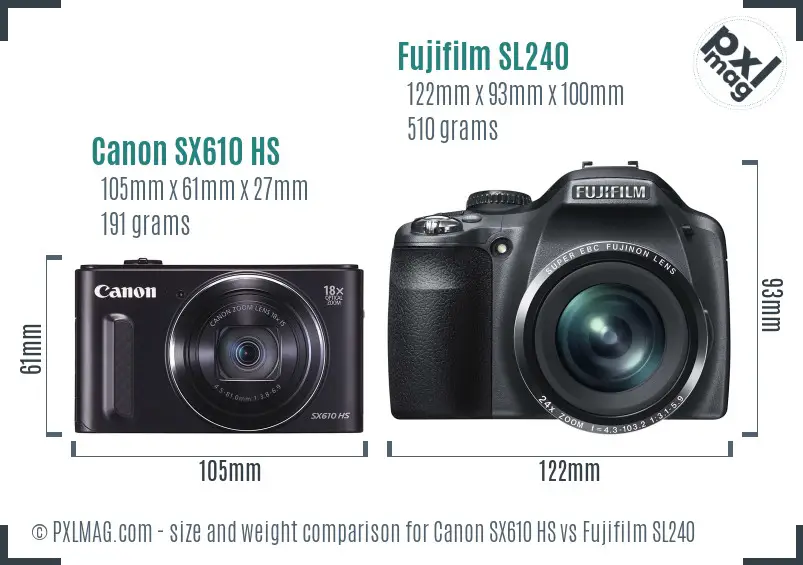 Canon SX610 HS vs Fujifilm SL240 size comparison