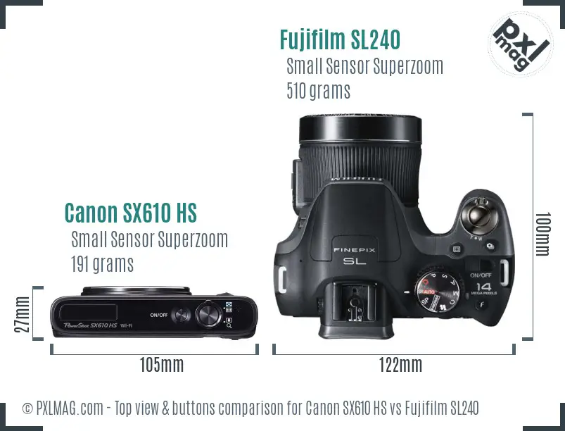 Canon SX610 HS vs Fujifilm SL240 top view buttons comparison