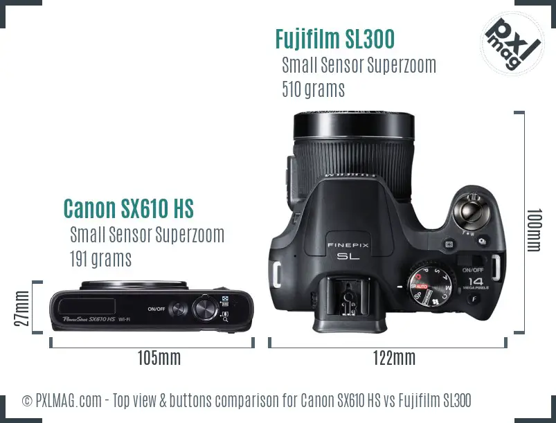Canon SX610 HS vs Fujifilm SL300 top view buttons comparison