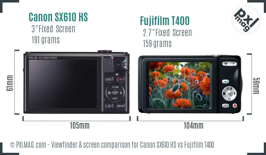 Canon SX610 HS vs Fujifilm T400 Screen and Viewfinder comparison