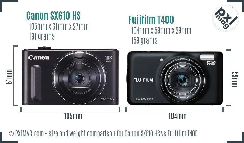 Canon SX610 HS vs Fujifilm T400 size comparison