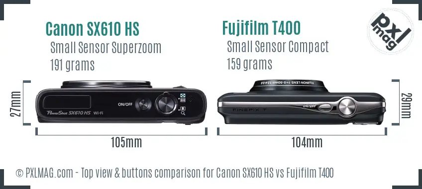 Canon SX610 HS vs Fujifilm T400 top view buttons comparison