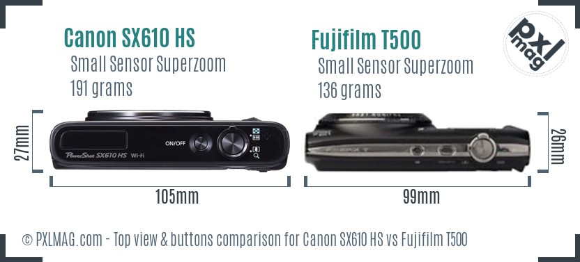 Canon SX610 HS vs Fujifilm T500 top view buttons comparison