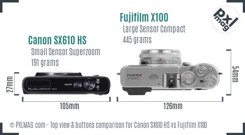 Canon SX610 HS vs Fujifilm X100 top view buttons comparison